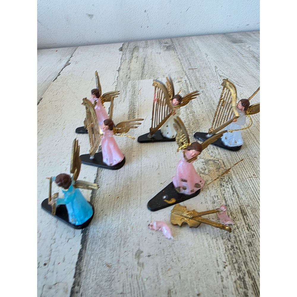 Vintage plastic Angel cherub harp ornament mini Hong Kong musical Xmas tree set
